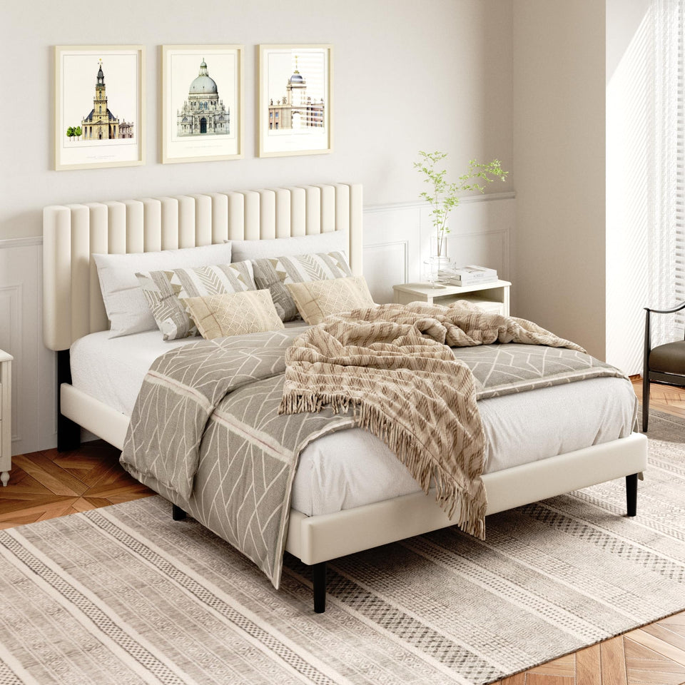 HAOARA King Size Bed Frame,King Size Platform Bed Frame and Velvet Upholstered Headboard with Strong Wood Slats, Box Spring Optional, Mattress Foundation, Easy Assembly Beige