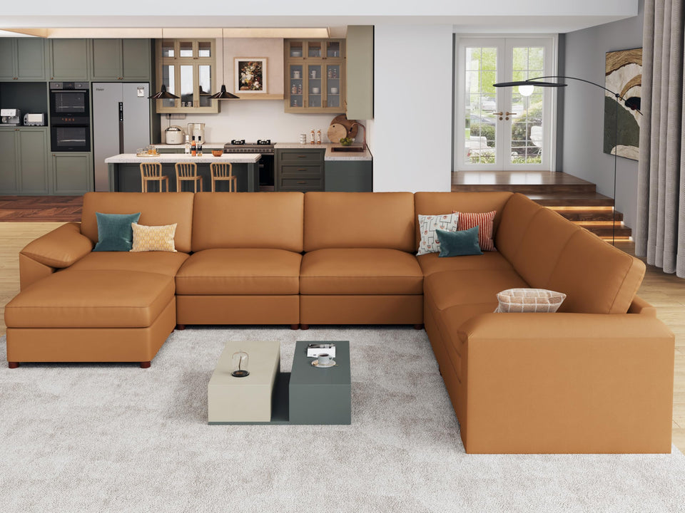 EASE MOOSE Leather Sectional Couch, Oversized Modular Sectional Sofas, Wide Deep Seat Modular Couch, Scratch Resistant Faux Leather Material, L Shaped Sofa for Big Spaces,Beige