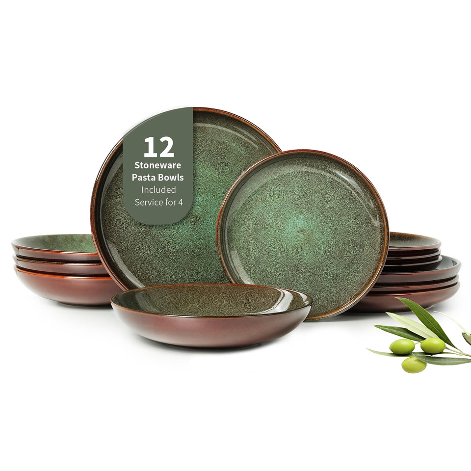 Pokini 24 Piece Dinnerware Sets for 8, Modern Stoneware Plates and Bowls Setst, Perfect for Family Gatherings & Holiday Celebrations, Easy Cleaning Dishes Set, Stack Compactly Dishware, Brown Green