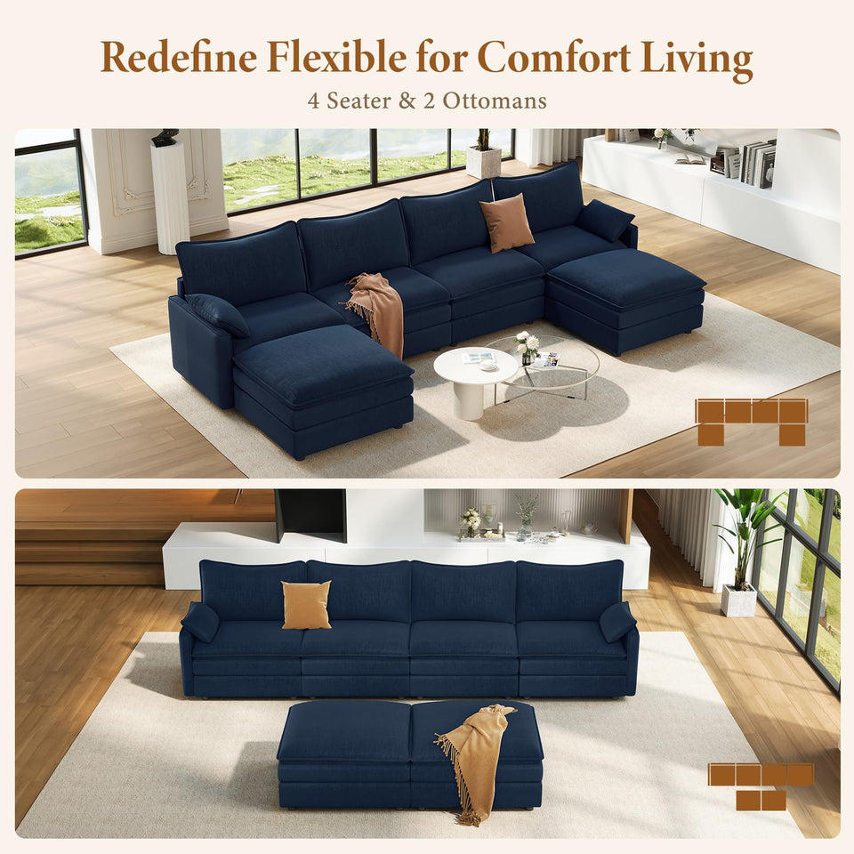 Vesgantti 142" U Shaped Sectional Couch, Comfy Cloud Modular Sectional Sofa with 2 Ottoman Deep Seat Chenille Modern Cloud Sofa, Modular Sofas for Living Room, Bedroom and Apartment, Beige