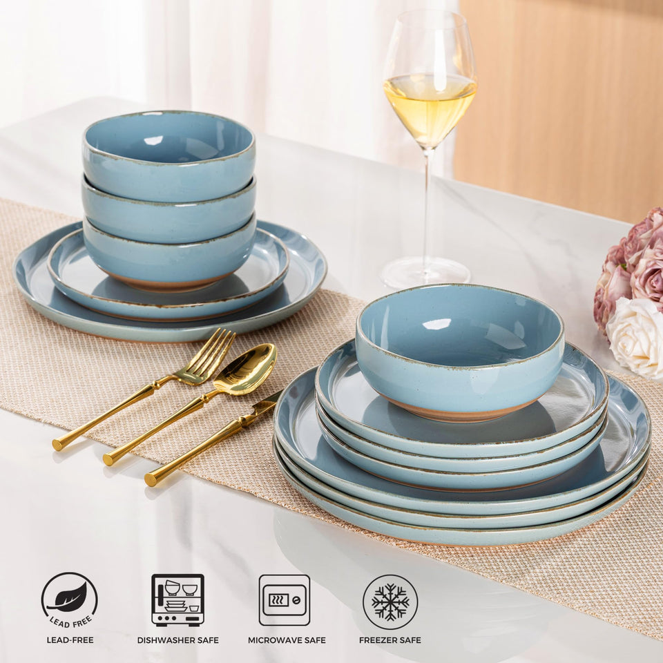 AmorArc Ceramic Dinnerware Sets for 8, 24 Pieces Handpainted Plates and Bowls Set with Rustic Terracotta Underside, Scratch Resistant Stoneware Dishes Set, Dishwasher & Microwave Safe, Light Beige