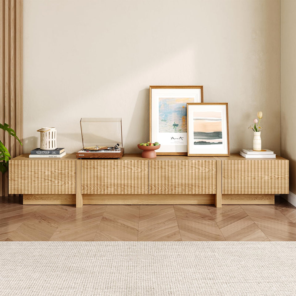 UKAOCAI 86.61'' Tambour TV Stand for 55-85 Inch, Modern Entertainment Center with Large Storage Cabinet & Open Shelves, TV Console with Sliding Doors for Living Room, Bedroom, Natural