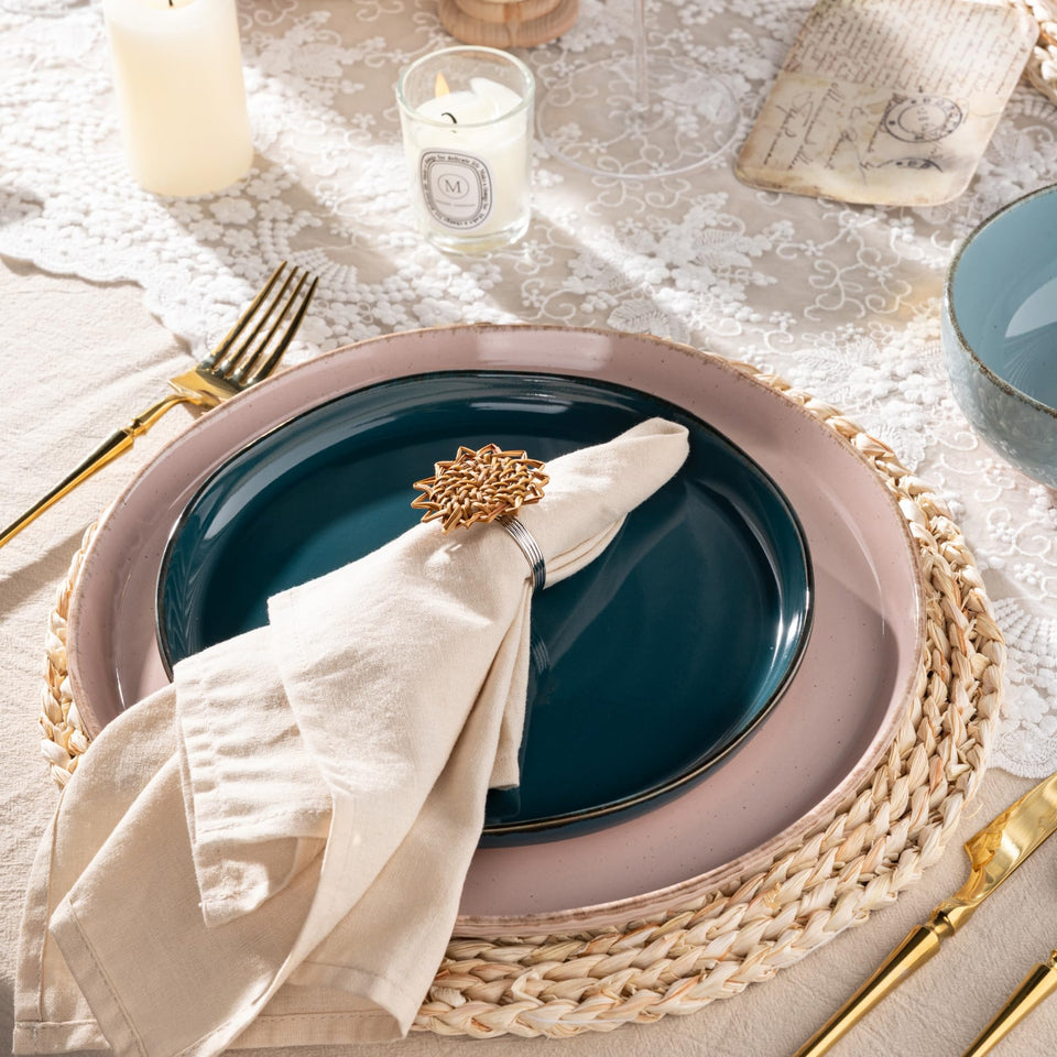 AmorArc Ceramic Dinnerware Sets for 8, 24 Pieces Handpainted Plates and Bowls Set with Rustic Terracotta Underside, Scratch Resistant Stoneware Dishes Set, Dishwasher & Microwave Safe, Light Beige