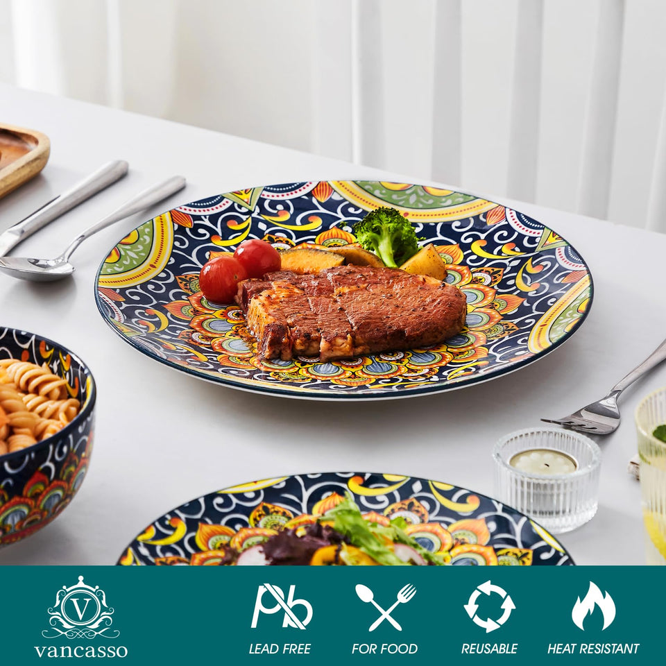 vancasso 24 Pieces Dinnerware Sets, Plates and Bowls Set, Porcelain Dishes Set for 6, Microwave and Dishwasher Safe, Scratch Resistant, Bohemian Style Dining Ware Service for 6, Series SIMI