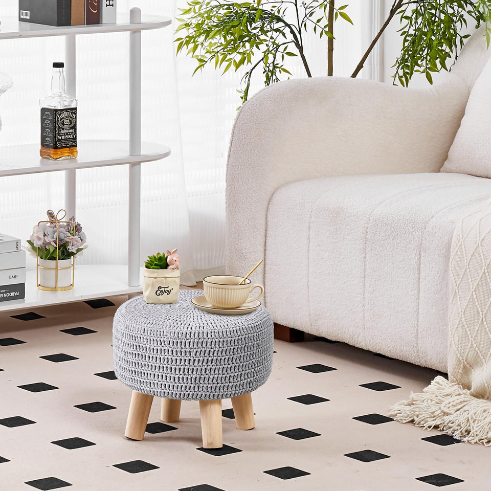 Wimarsbon Pouf Ottoman, 100% Cotton Knitted Boho Footstool, Round Footrest with Non-Skid Wood Legs, Home Décor Handmade Pouffe, Leisure Floor Step Stool for Living Room (Beige)