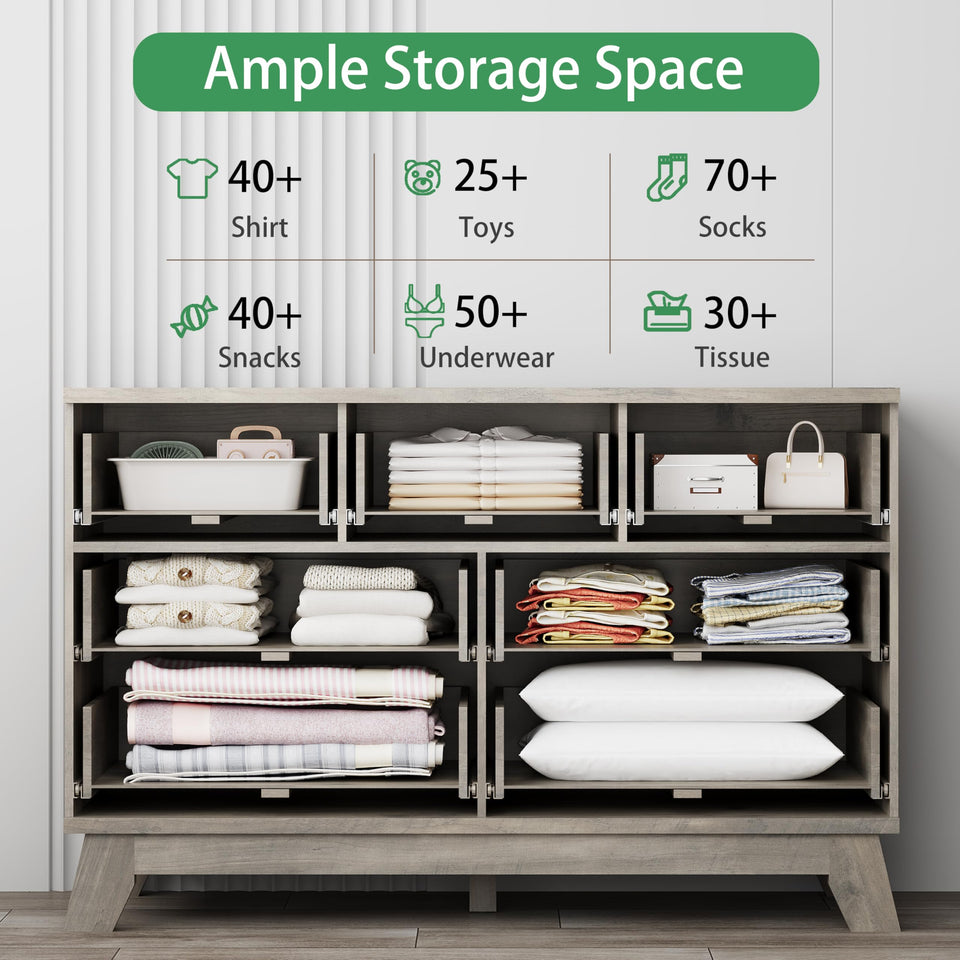 Fluted Dresser for Bedroom with 9 Drawers, 57" Wide Modern Chest of Drawers with Metal Handle, Wooden Dresser TV Stand, Wood Closet Clothes Storage Organizer for Living Room, Hallway, Natural Oak