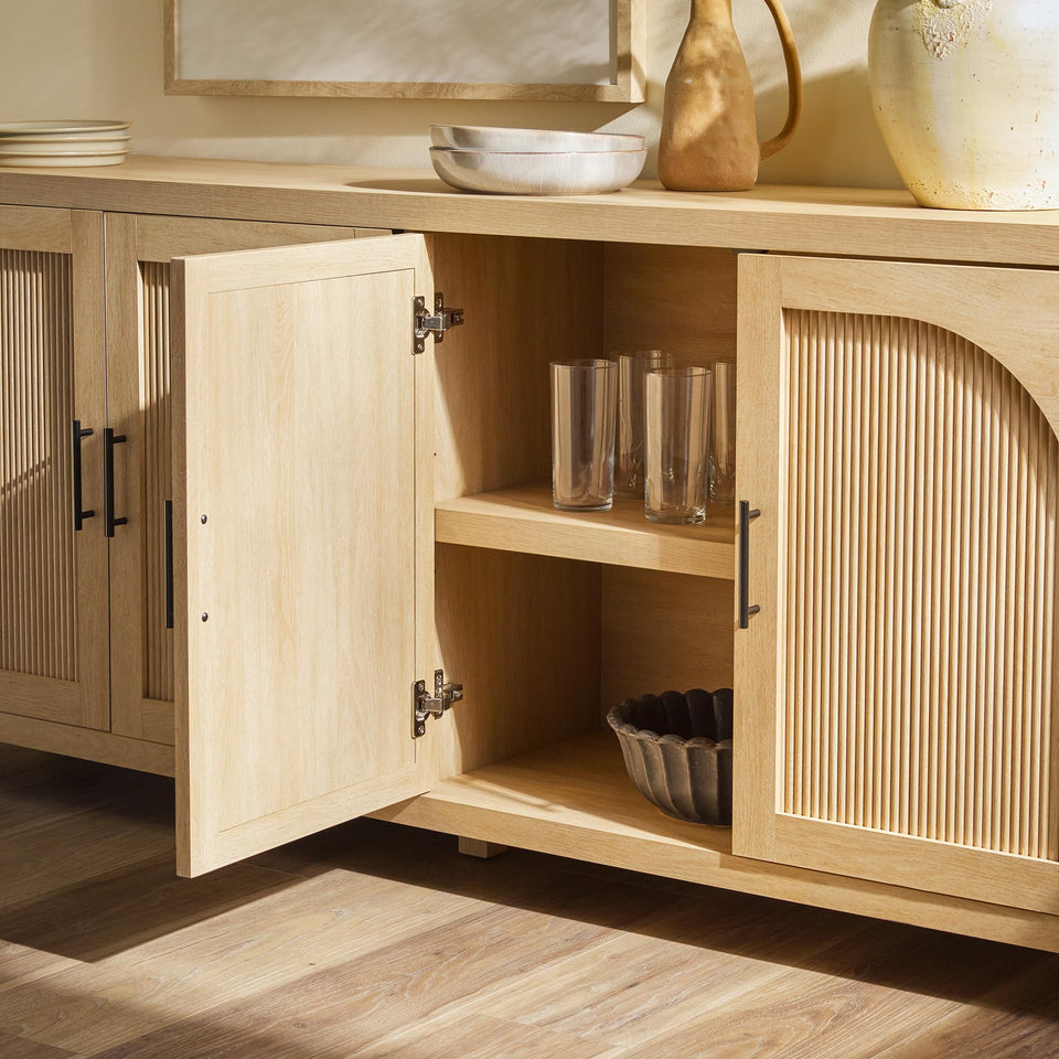 Walker Edison Sasha 4-Door Reeded Sideboard Buffet with Cord Management, 70 Inch, Coastal Oak