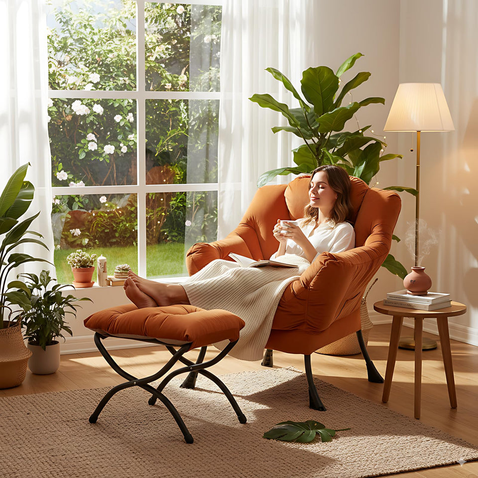 LITA Lazy Chair with Ottoman, Modern Accent Leisure Upholstered Lazy Sofa Armchair, Contemporary Lounge Reading Chair with Armrests and a Side Pocket for Living Room, Bedroom & Small Space, Dark Grey