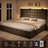 YITAHOME King Size Bed Frame with 3 Storage Drawers and RGB LED Lights, Velvet Upholstered Bed with Charging Station and Storage Headboard, No Box Spring Needed, Easy Assembly, Noise-Free, Grey