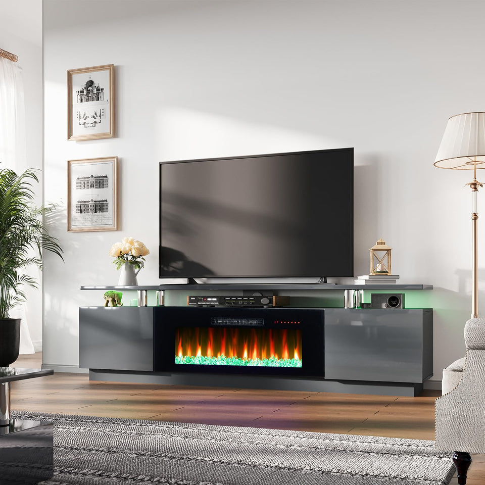 AMERLIFE Fireplace TV Stand with 36" Fireplace, 70" Modern High Gloss Fireplace Entertainment Center LED Lights, 2 Tier TV Console Cabinet for TVs Up to 80", Obsidian Black