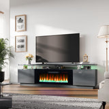 AMERLIFE Fireplace TV Stand with 36" Fireplace, 70" Modern High Gloss Fireplace Entertainment Center LED Lights, 2 Tier TV Console Cabinet for TVs Up to 80", Obsidian Black