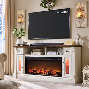 OKD Fireplace TV Stand for 80 Inch TV - Farmhouse Entertainment Center with 42" Electric Fireplace & LED Lights, Wood Media Console with Storage Drawers & Cabinets for Living Room, Antique White