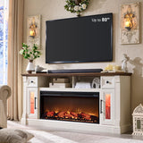 OKD Fireplace TV Stand for 80 Inch TV - Farmhouse Entertainment Center with 42" Electric Fireplace & LED Lights, Wood Media Console with Storage Drawers & Cabinets for Living Room, Antique White