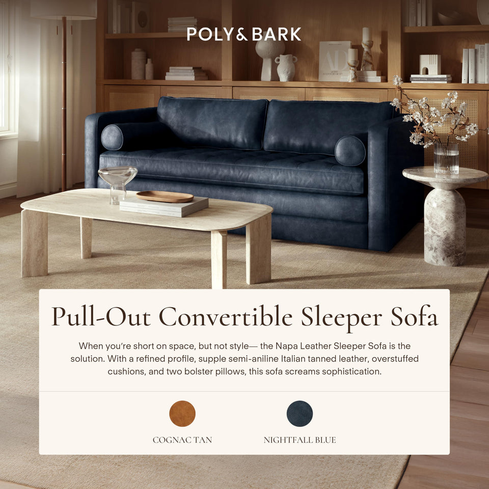 POLY & BARK Napa 72" Apartment Sofa – Italian-Tanned Full-Grain Pure-Aniline or Semi-Aniline Leather, Feather-Down Cushioning, Kiln-Dried Solid Wood Frame, Walnut Legs - Cognac Tan