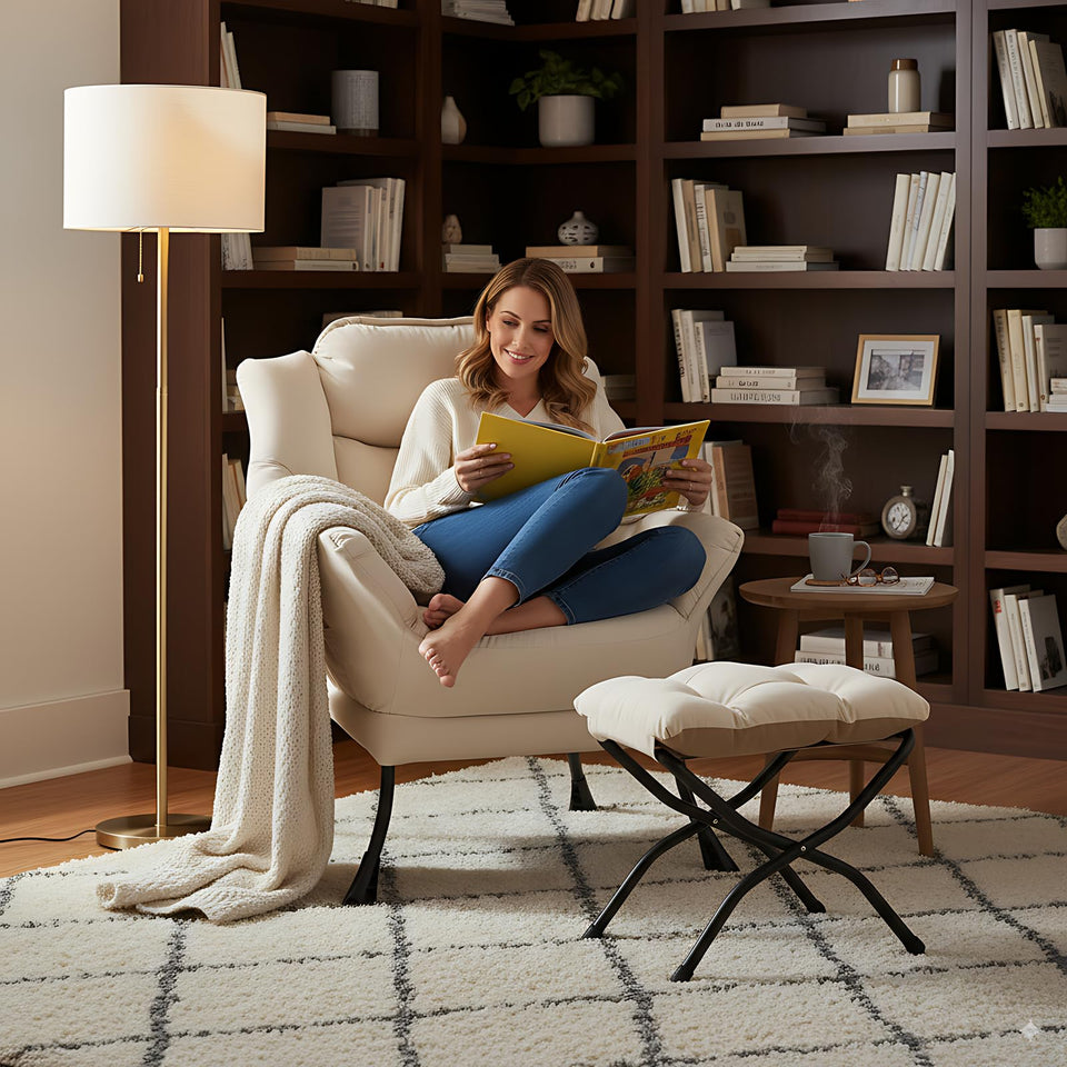 LITA Lazy Chair with Ottoman, Modern Accent Leisure Upholstered Lazy Sofa Armchair, Contemporary Lounge Reading Chair with Armrests and a Side Pocket for Living Room, Bedroom & Small Space, Dark Grey