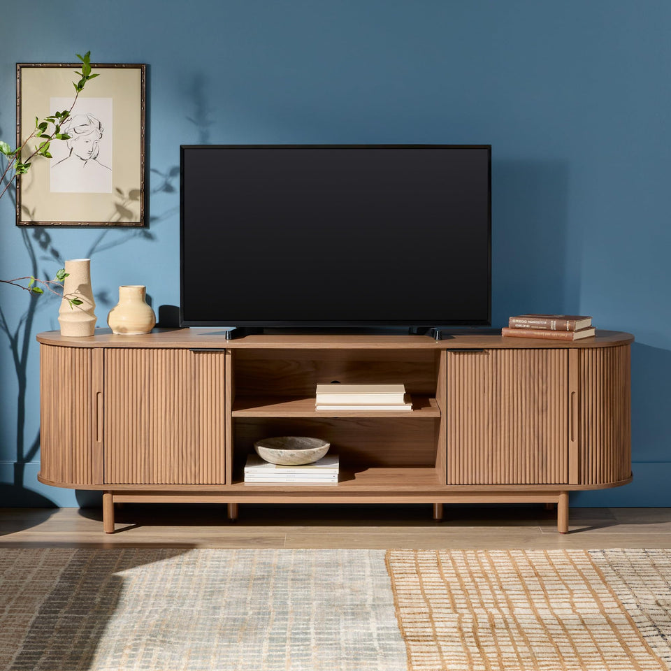 Walker Edison Chloe Curved Reeded TV Stand, Sliding Doors, 65 Inch, 60 inch, Mocha