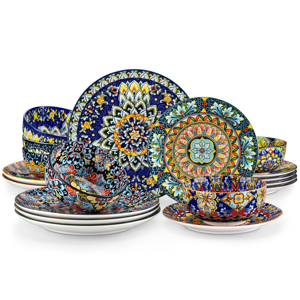 vancasso 24 Pieces Dinnerware Sets, Plates and Bowls Set, Porcelain Dishes Set for 6, Microwave and Dishwasher Safe, Scratch Resistant, Bohemian Style Dining Ware Service for 6, Series SIMI