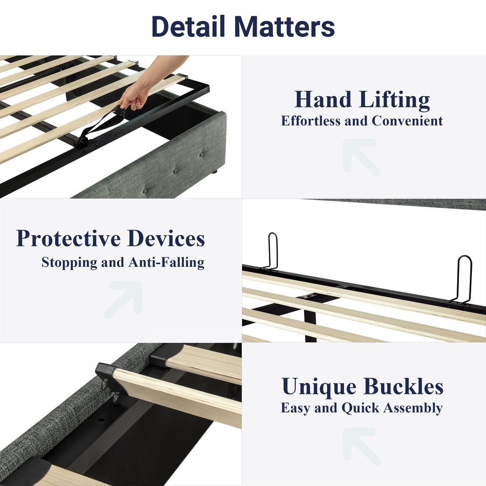 Allewie King Size Lift Up Storage Bed, Modern Wingback Headboard, Hydraulic Support, No Box Spring Needed, Light Beige