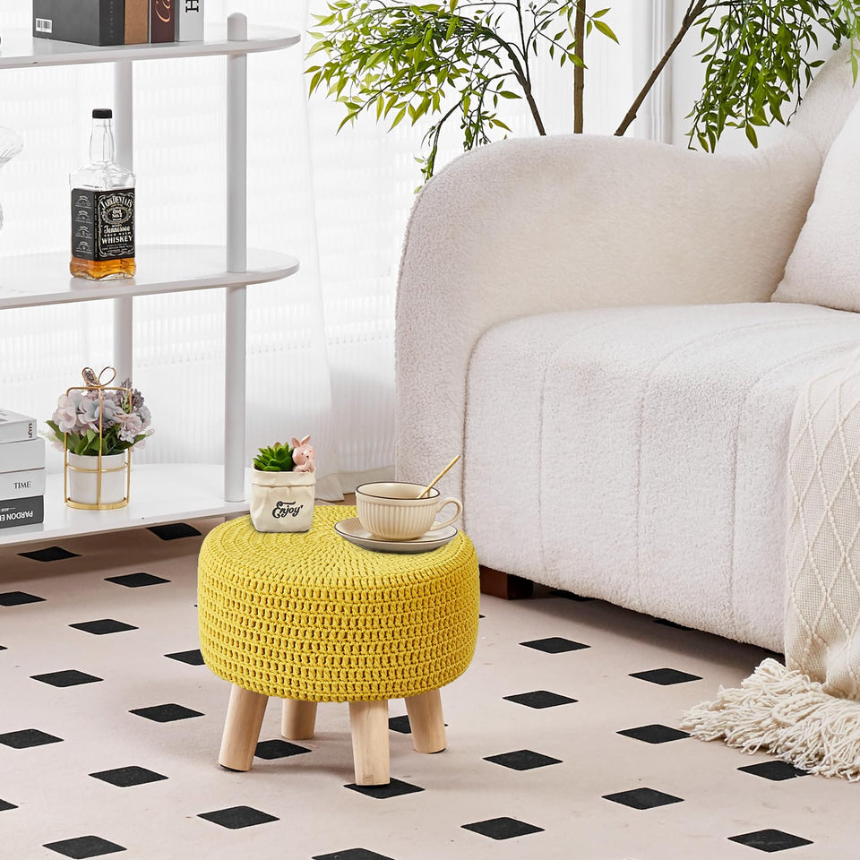 Wimarsbon Pouf Ottoman, 100% Cotton Knitted Boho Footstool, Round Footrest with Non-Skid Wood Legs, Home Décor Handmade Pouffe, Leisure Floor Step Stool for Living Room (Beige)