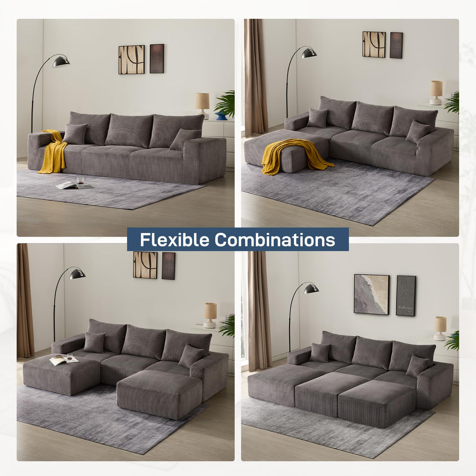 Sectional Cloud Boneless Sofa Couches for Living Room-113'' Beige 3 Seater U-Shaped Modern Lounge Couch-No Assembly Modular Corduroy Convertible Sponge Sleeper Sofas with Chaise for Home House