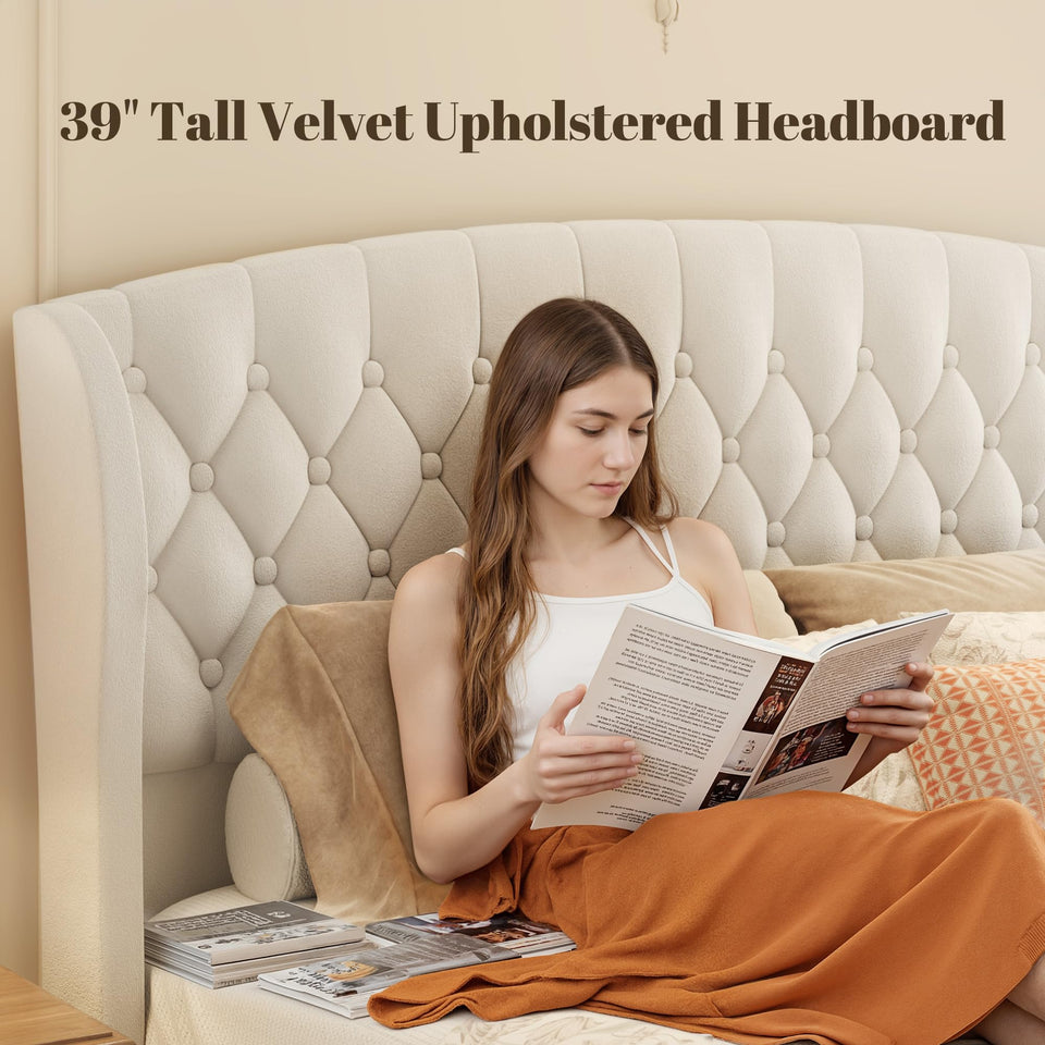 HISOFT Queen Bed Frame, 39" Tall Velvet Upholstered Sleigh Bed with Wingback Headboard & Scroll Footboard, No Box Spring Needed, Sturdy Support, Easy Assembly, Noise Free, Button Tufted, White