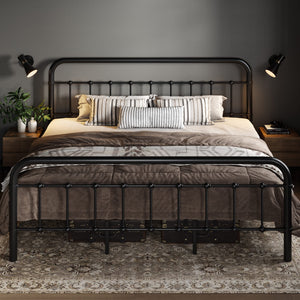 Allewie King Size Metal Platform Bed Frame with Victorian Style Wrought Iron-Art Headboard/Footboard, No Box Spring Required, Black