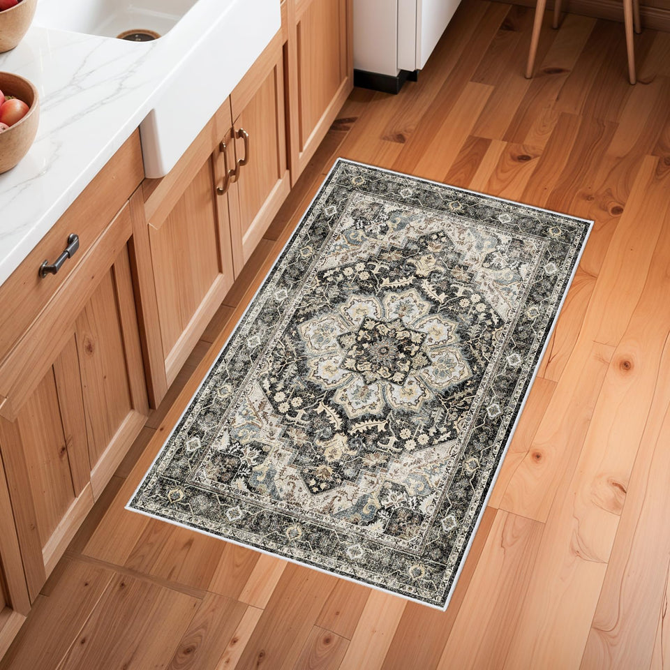 TOPRUUG Washable Oriental Area Rug - 12x15 Rugs for Living Room Soft Carpet for Bedroom Waterproof Floral Distressed Indoor Stain Resistant Non-Shedding Floor Carpets (Green, 12x15)