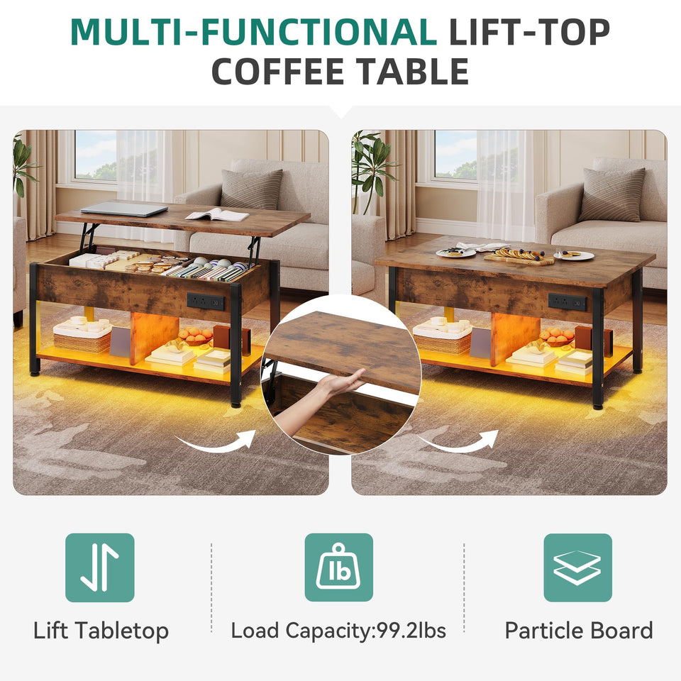 YITAHOME Lift Top Coffee Table with RGB Light, 3-in-1 Coffee Table with Power Outlets, Hidden & Open Storage, Adjustable Height, Wooden Dining Table for Living Room, Home Office, Brown