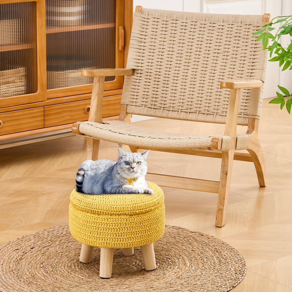 Wimarsbon Pouf Ottoman, 100% Cotton Knitted Boho Footstool, Round Footrest with Non-Skid Wood Legs, Home Décor Handmade Pouffe, Leisure Floor Step Stool for Living Room (Beige)