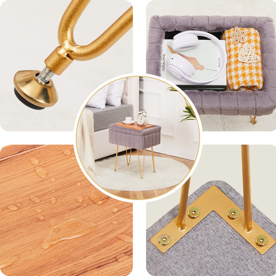 Wimarsbon Storage Ottoman, Vanity Stools with Metal Legs, 16.5" x 11.8" x 18" Modern Faux Mink Fur Footstool, Makeup Chair with Anti-Slip Feet, Accent Table,Footrest,Storage Bench for Bedroom