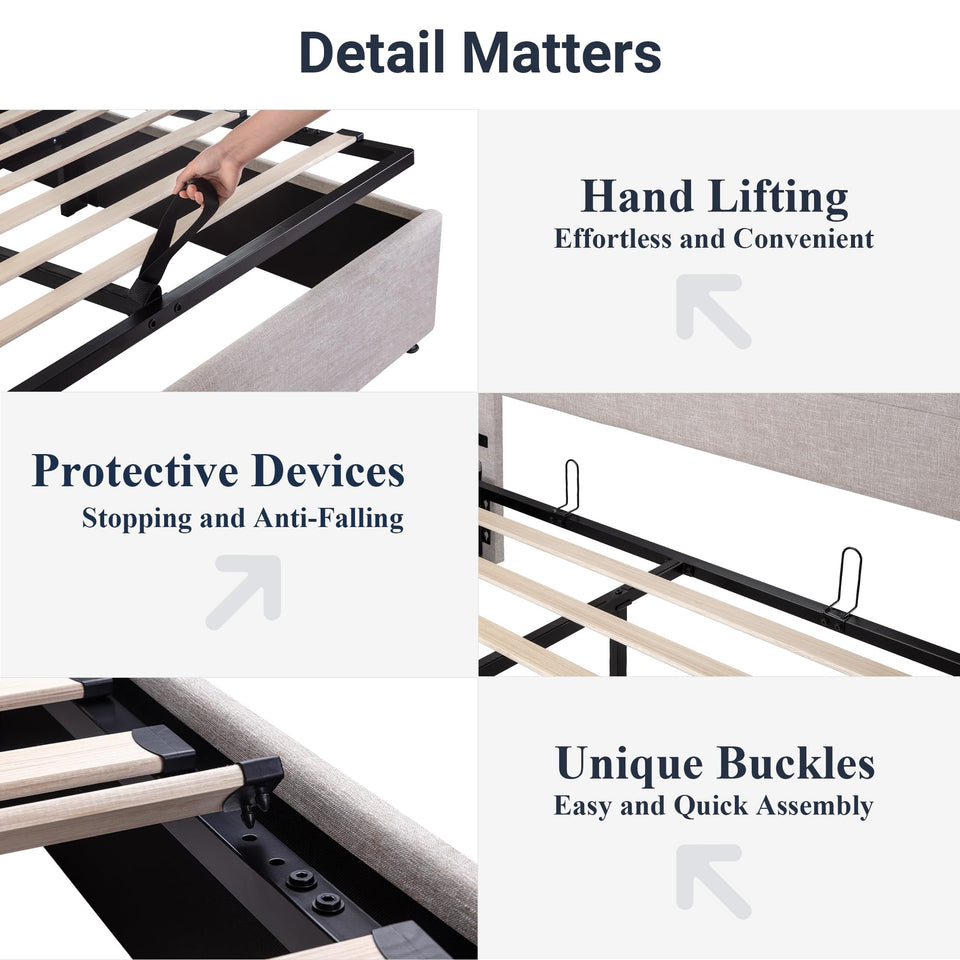 Allewie King Size Lift Up Storage Bed, Modern Wingback Headboard, Hydraulic Support, No Box Spring Needed, Light Beige