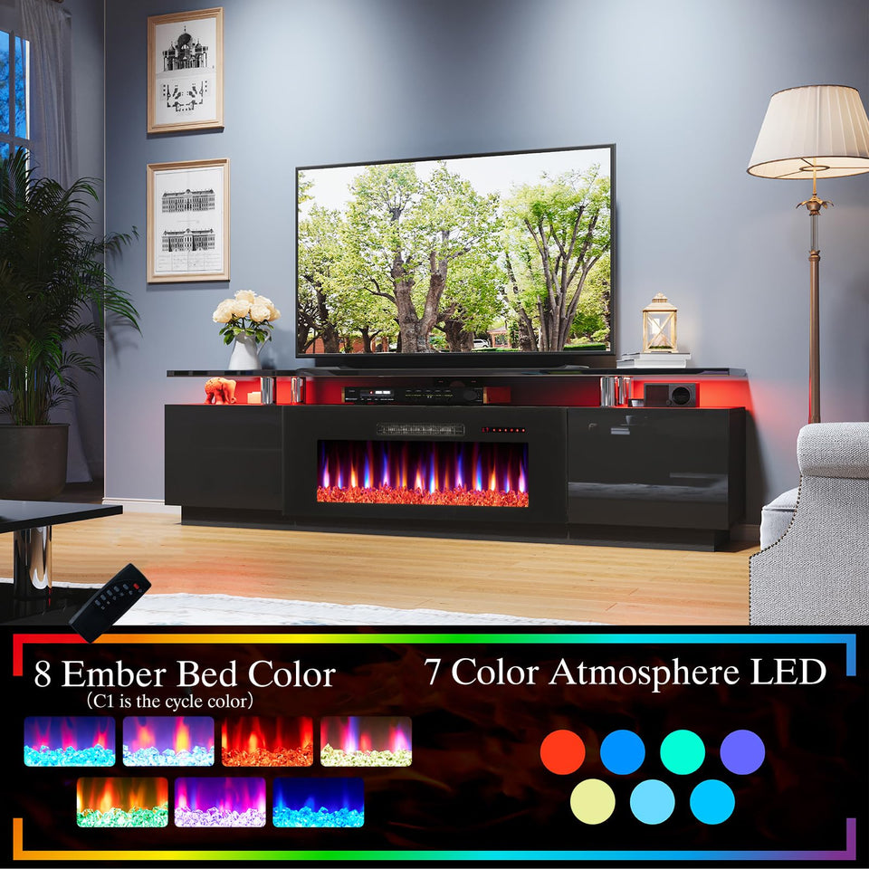 AMERLIFE Fireplace TV Stand with 36" Fireplace, 70" Modern High Gloss Fireplace Entertainment Center LED Lights, 2 Tier TV Console Cabinet for TVs Up to 80", Obsidian Black