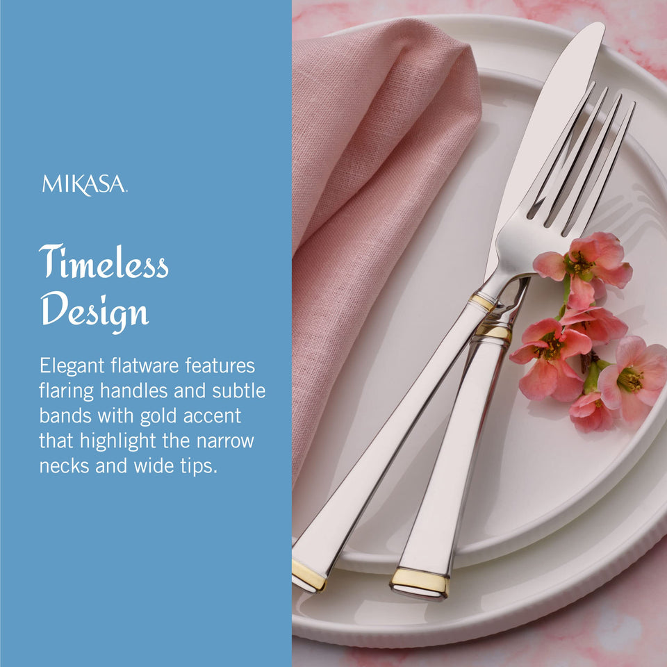 Mikasa Bravo 65-Piece Flatware Set for 12, 18/10 Stainless Steel Silverware with Full Service, Includes Forks, Knives, Spoons, and Serving Utensils