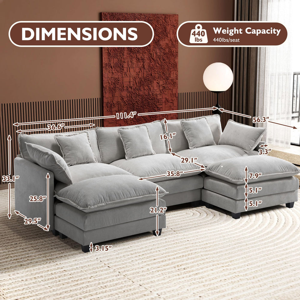 Ihanherry 146" U-Shaped Modern Sofa Modular Sectional Cloud Couch with 2 Ottoman, 6-Seat Chenille Deep Seat Sofa with 6 Pillows for Living Room, Bedroom and Apartment, Grey
