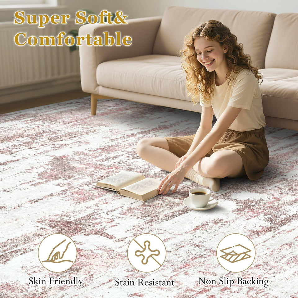 Area Rugs for Living Room: 12x15 Abstract Washable Rug Modern Neutral Large Soft Stain Resistant Non-Slip Backing Machine Table for Bedroom Dining Room Indoor Home Office Carpet - Gold Brown