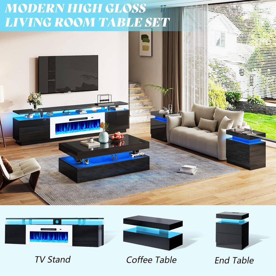 AMERLIFE Fireplace TV Stand with 36" Fireplace, 70" Modern High Gloss Fireplace Entertainment Center LED Lights, 2 Tier TV Console Cabinet for TVs Up to 80", Obsidian Black