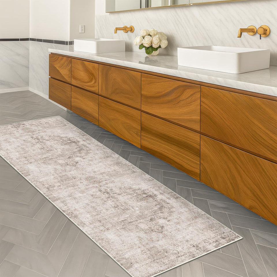 Neutral Living Room Rug - 10x14 Farmhouse Beige Brown Large Area Rug for Dining Room, Bedroom, Low Pile Lightweight Washable