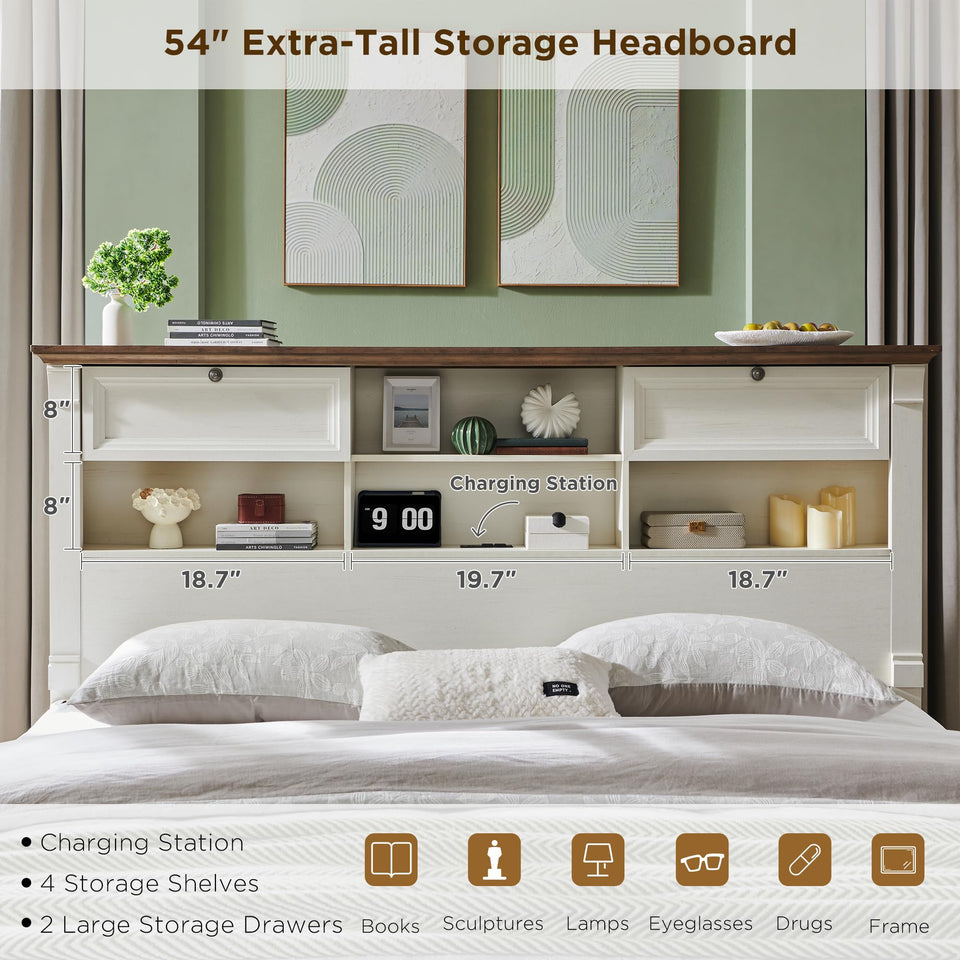Farmhouse King Size Bed Frame with 54" Tall Storage Bookcase Headboard, Wood Platform Bed Frame with 2 Drawers & 18" Tall Roman Column Decoration Footboard, No Box Spring Needed(Antique White)