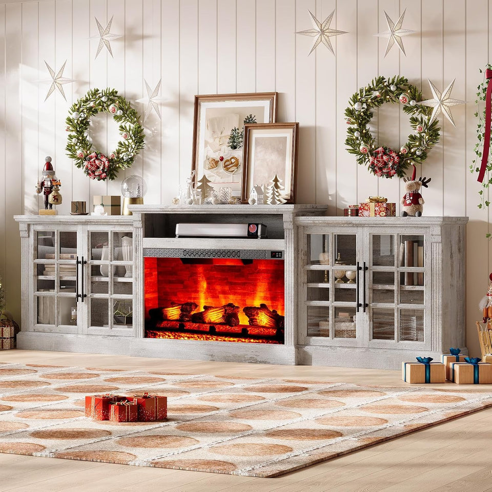 LUXOAK 97" Farmhouse TV Stand with 33" Fireplace for TVs up to 100", Media Entertainment Center with Large Storage Cabinet and Adjustable Shelves for Living Room, White/Barnwood