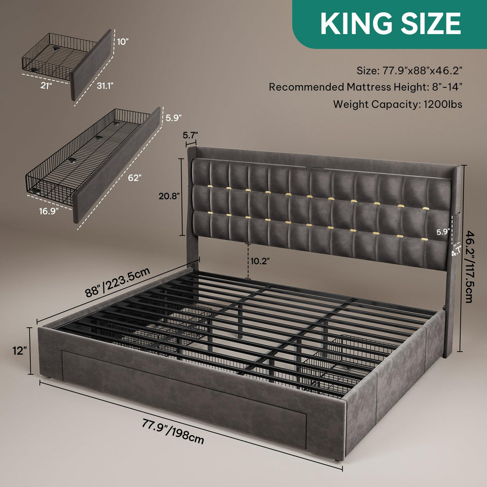 YITAHOME King Size Bed Frame with 3 Storage Drawers and RGB LED Lights, Velvet Upholstered Bed with Charging Station and Storage Headboard, No Box Spring Needed, Easy Assembly, Noise-Free, Grey
