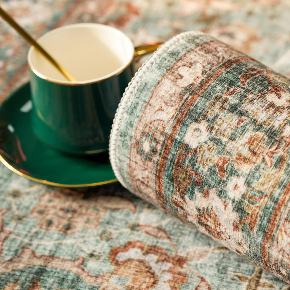 TOPRUUG Washable Oriental Area Rug - 12x15 Rugs for Living Room Soft Carpet for Bedroom Waterproof Floral Distressed Indoor Stain Resistant Non-Shedding Floor Carpets (Green, 12x15)