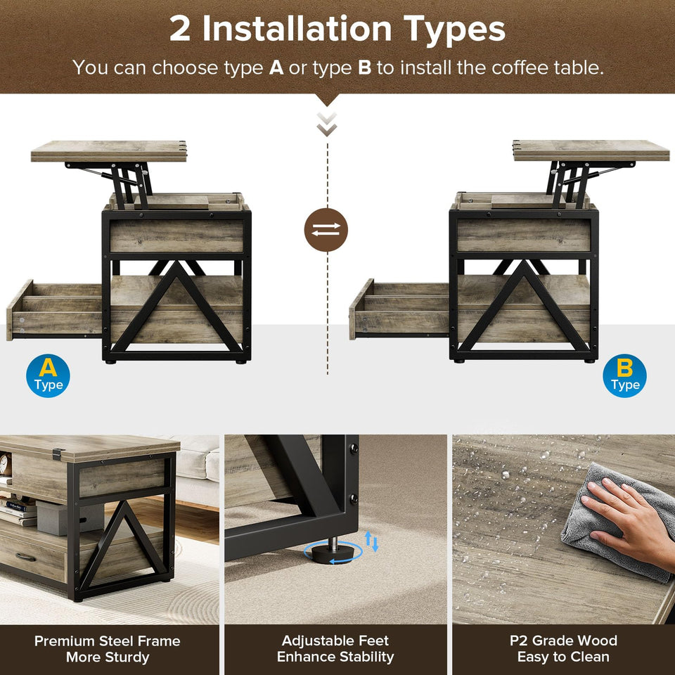 Memobarco 40" Lift Top Coffee Table,4 in 1 Multi-Function Lift Coffee Tables with Storage Drawers and Hidden Compartmen,Farmhouse Coffee Table with Lifting top for Living Room,Black