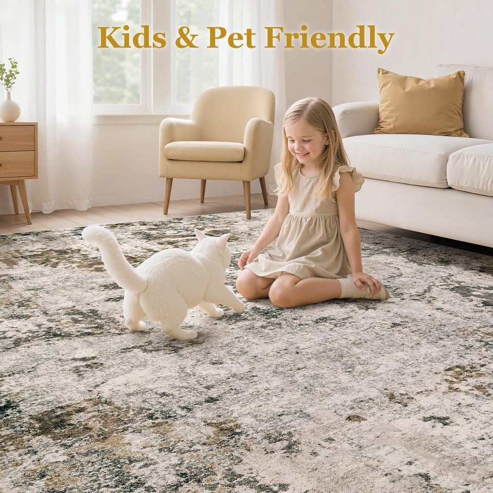 Area Rugs for Living Room: 12x15 Abstract Washable Rug Modern Neutral Large Soft Stain Resistant Non-Slip Backing Machine Table for Bedroom Dining Room Indoor Home Office Carpet - Gold Brown