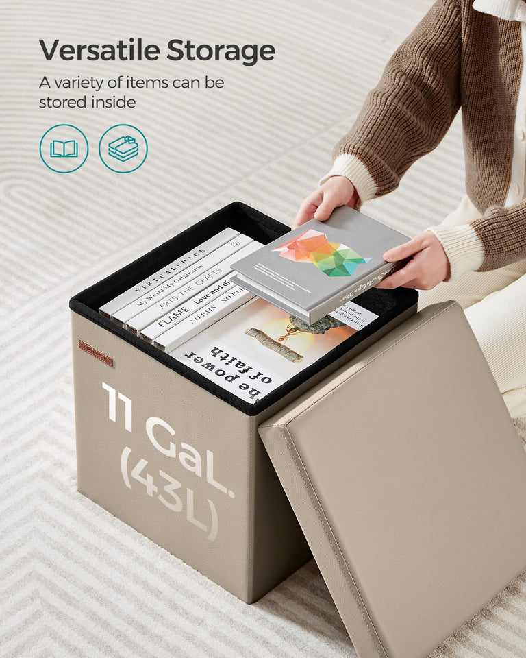 SONGMICS MAZIE Collection - 43 Inches Folding Storage Ottoman Bench, Ottoman with Storage, Foot Rest Stool, Load 660 lb, for Living Room, Synthetic Leather, Black ULSF701