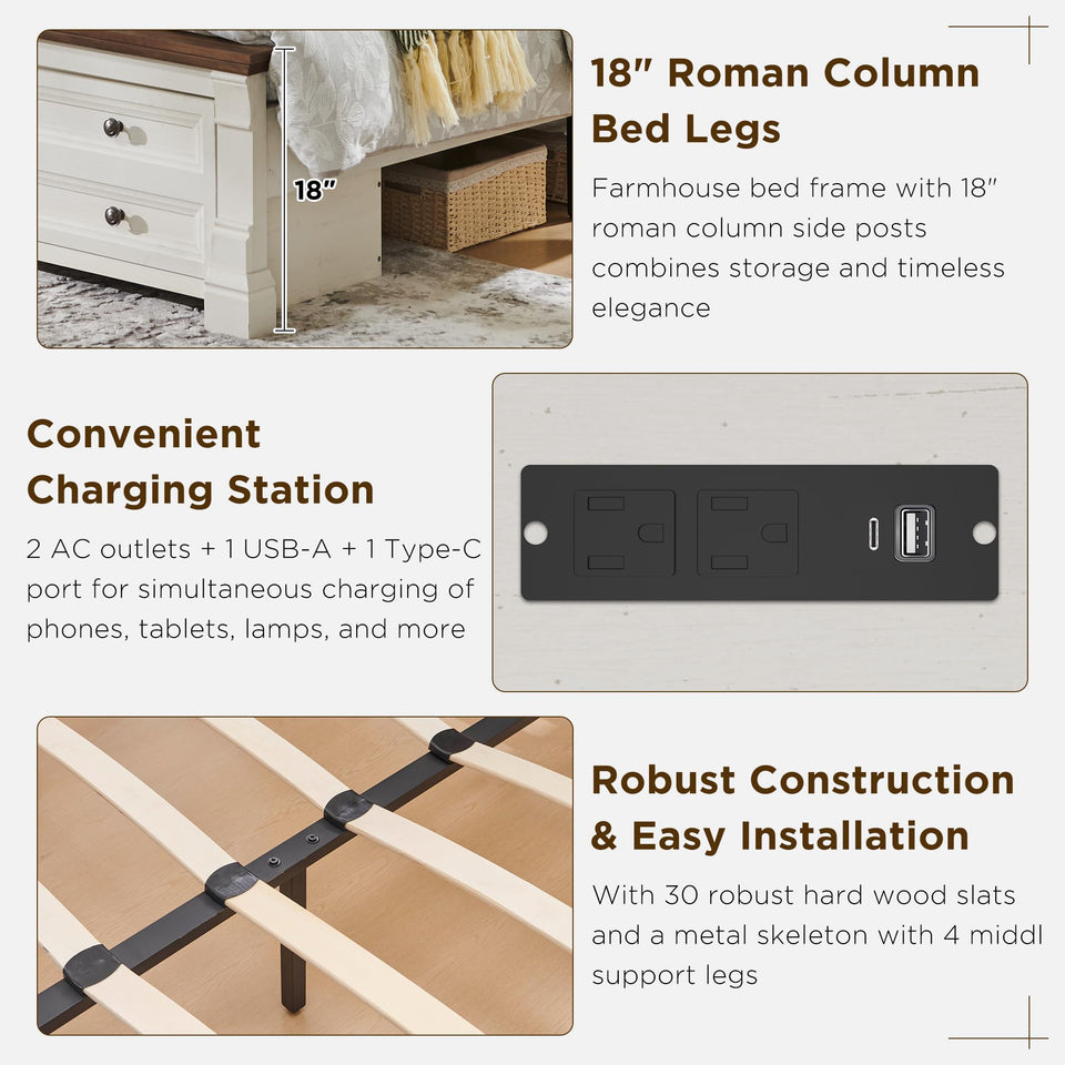 Farmhouse King Size Bed Frame with 54" Tall Storage Bookcase Headboard, Wood Platform Bed Frame with 2 Drawers & 18" Tall Roman Column Decoration Footboard, No Box Spring Needed(Antique White)