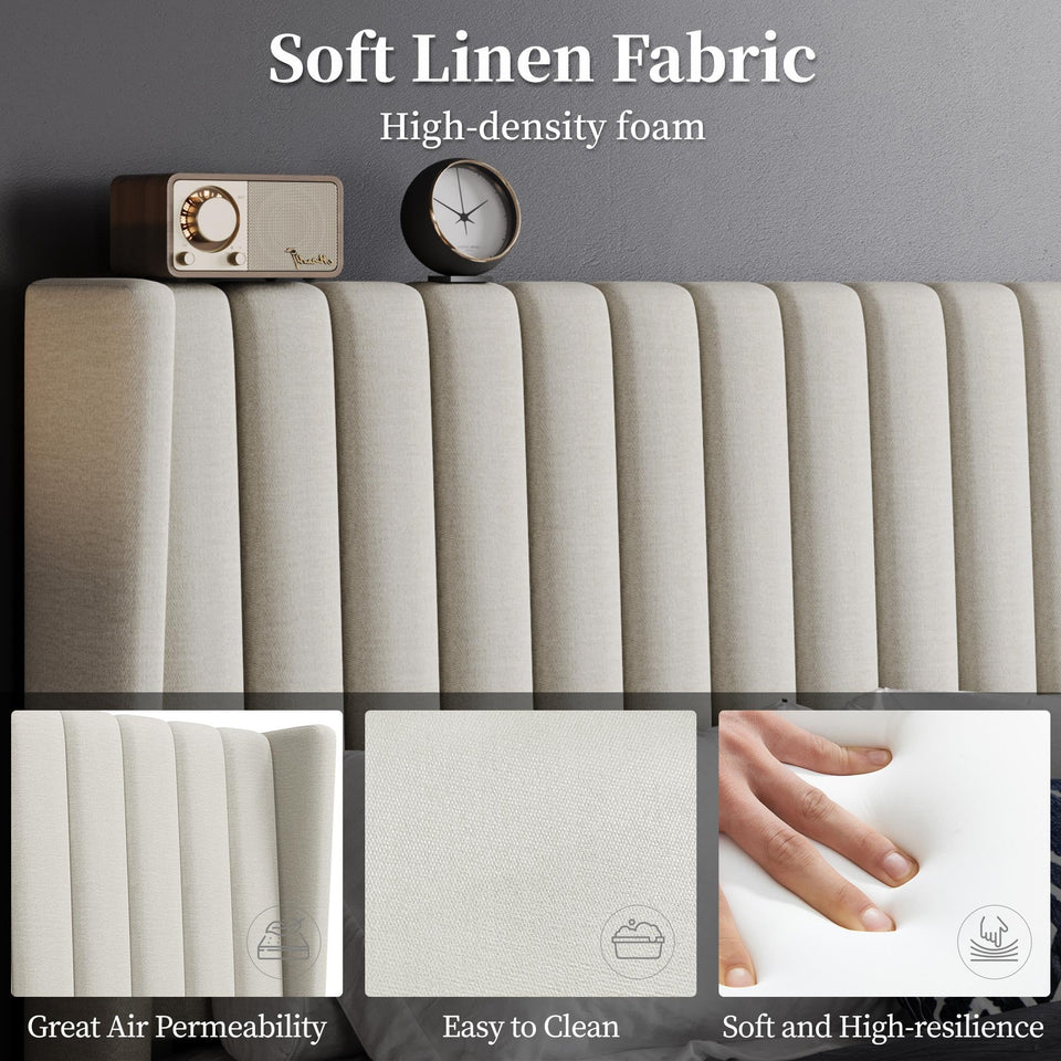 Yaheetech King Bed Frame Upholstered Platform Bed with Fabric Headboard, Wing Edge Design/Non-Slip and Noise-Free/Wooden Slats Support/No Box Spring Needed/Easy Assembly, Ivory King Bed