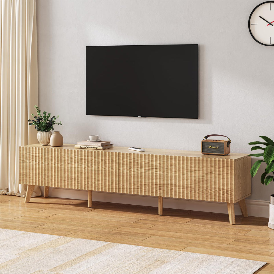 UKAOCAI 86.61'' Tambour TV Stand for 55-85 Inch, Modern Entertainment Center with Large Storage Cabinet & Open Shelves, TV Console with Sliding Doors for Living Room, Bedroom, Natural