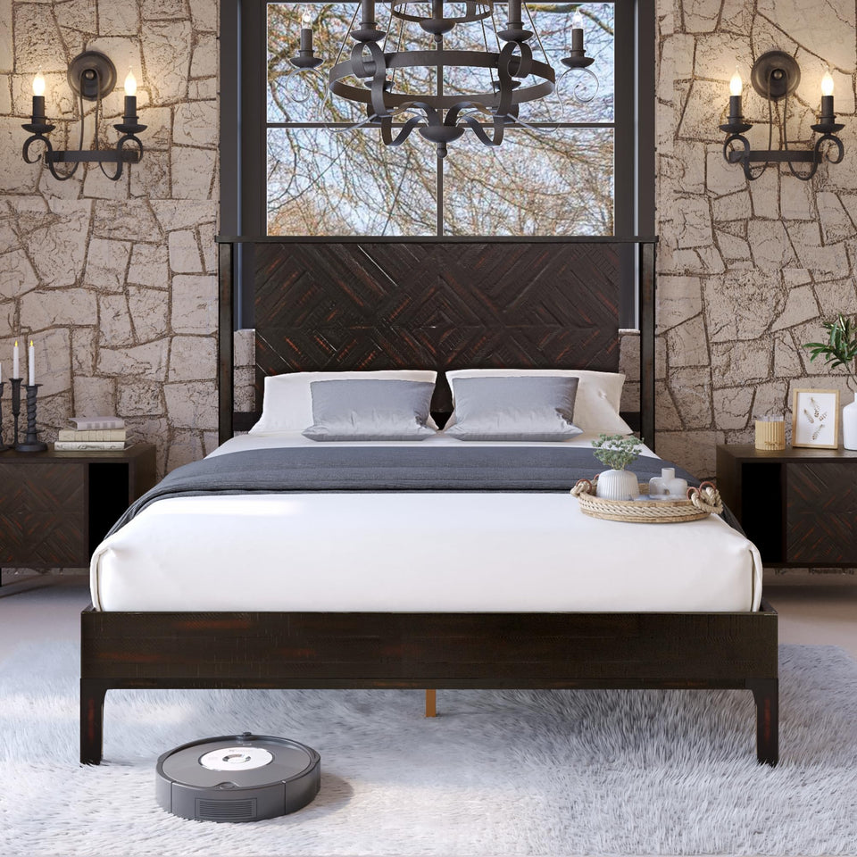 Bme Vivian 14 Inch Deluxe Bed Frame with Headboard, Rustic & Scandinavian Style with Solid Acacia Wood, No Box Spring Needed, 12 Strong Wood Slat Support, Easy Assembly, King, Rustic Golden Brown