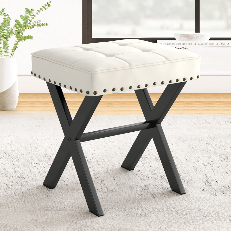 LUE BONA Square Linen Makeup Stool, Metal X Legs, Small Ottoman Stool Chair for Vanity, Modern Padded Seat Foot Rest for Makeup Room, Bathroom