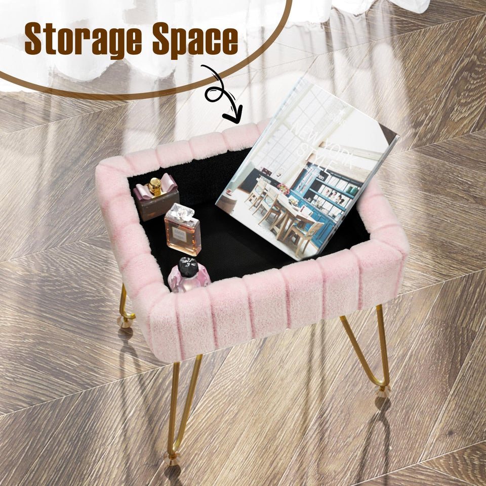Greenstell Vanity Stool Chair Faux Fur with Storage, 15.7"L x 11.8"W x 19.4"H Soft Ottoman 4 Metal Legs with Anti-Slip Feet, Furry Padded Seat, Modern Multifunctional Chairs for Makeup, Bedroom Pink